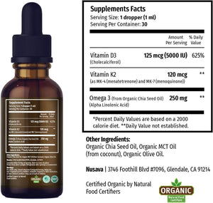(2 Pack) Organic Vitamin D3 K2 Drops with MCT Oil, Omega 3, 5000 IU - Vitamin D Liquid, No Fillers, Non - Gmo D3 for Body’S Defenses and Faster Absorption, Unflavored, 2 Fl Oz - Vitamen Store