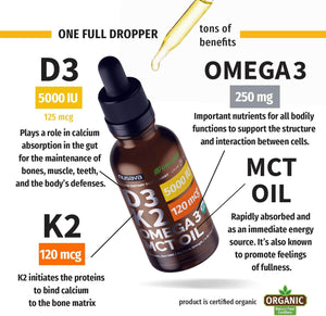 (2 Pack) Organic Vitamin D3 K2 Drops with MCT Oil, Omega 3, 5000 IU - Vitamin D Liquid, No Fillers, Non - Gmo D3 for Body’S Defenses and Faster Absorption, Unflavored, 2 Fl Oz - Vitamen Store