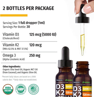 (2 Pack) Organic Vitamin D3 K2 Drops with MCT Oil, Omega 3, 5000 IU - Vitamin D Liquid, No Fillers, Non - Gmo D3 for Body’S Defenses and Faster Absorption, Unflavored, 2 Fl Oz - Vitamen Store