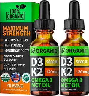 (2 Pack) Organic Vitamin D3 K2 Drops with MCT Oil, Omega 3, 5000 IU - Vitamin D Liquid, No Fillers, Non - Gmo D3 for Body’S Defenses and Faster Absorption, Unflavored, 2 Fl Oz - Vitamen Store
