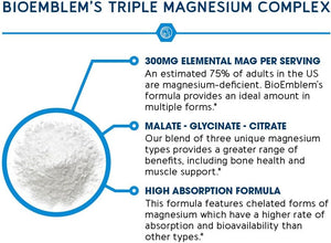 BioEmblem Triple Magnesium Complex – 300 mg Magnesium Glycinate, Malate, and Citrate – 180 Capsules – Vegan, Non-GMO