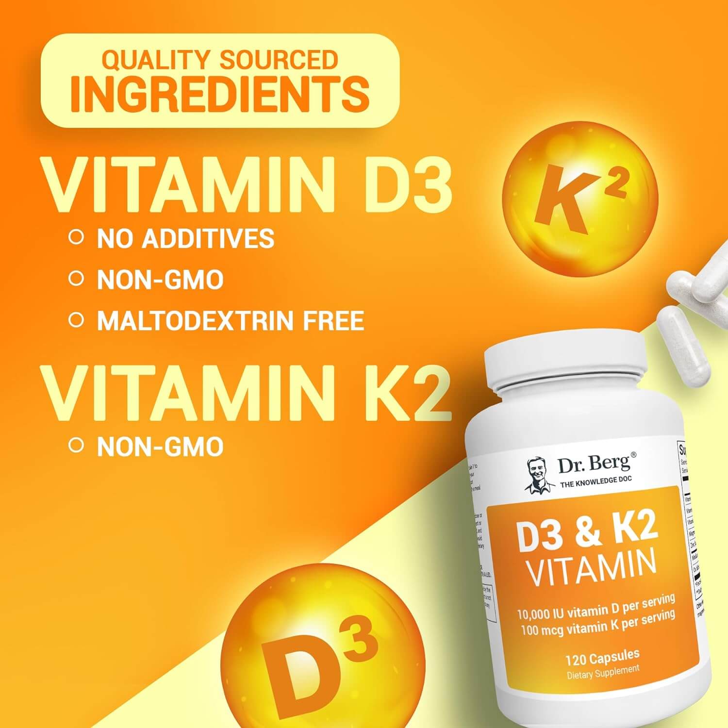 Dr. Berg'S Vitamin D3 K2 Supplement W/Mct Oil - Includes 10,000 IU of Vitamin D3, 100 Mcg MK7 Vitamin K2 - 120 Capsule