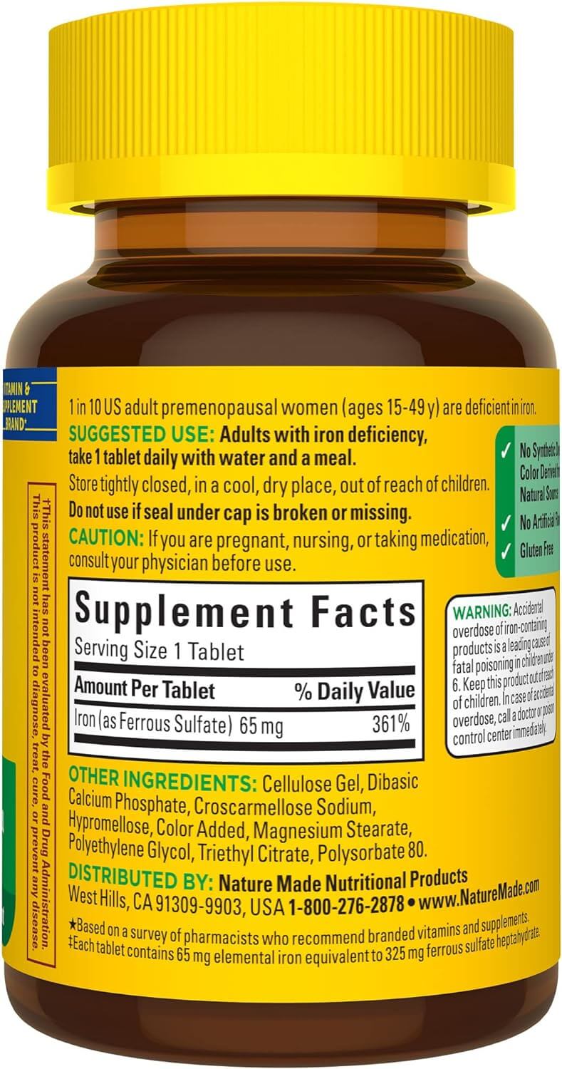 Nature Made Iron 65 Mg (325 Mg Ferrous Sulfate) Tablets, 180 Tablets, 180 Day Supply