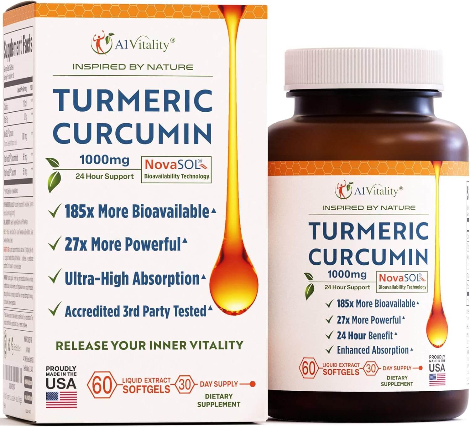 A1 Vitality Turmeric Curcumin Novasol Supplements 1000Mg More Potent than Bioperine - Inflammation, Joint Pain Relief - 185X Bioavailable than Turmeric Black Pepper Capsules – Best Natural Softgels - Vitamen Store