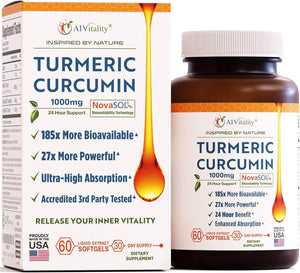 A1 Vitality Turmeric Curcumin Novasol Supplements 1000Mg More Potent than Bioperine - Inflammation, Joint Pain Relief - 185X Bioavailable than Turmeric Black Pepper Capsules – Best Natural Softgels - Vitamen Store