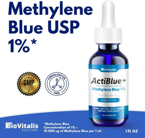 Actiblue+ Methylene Blue 1% : Methylene Blue Pharmaceutical Grade ISO Certified Third Party Lab Tested 99,9% No Formaldehyde No Alcohol No Gluten&Gmo(1Fl.Oz) - Vitamen Store