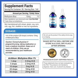 Actiblue+ Methylene Blue 1% : Methylene Blue Pharmaceutical Grade ISO Certified Third Party Lab Tested 99,9% No Formaldehyde No Alcohol No Gluten&Gmo(1Fl.Oz) - Vitamen Store