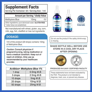 Actiblue+ Methylene Blue 1% – Pharmaceutical Grade, ISO Certified, Third - Party Tested, No Formaldehyde, Alcohol - Free, Gluten - Free, Non - GMO – 2 Fl Oz - Vitamen Store