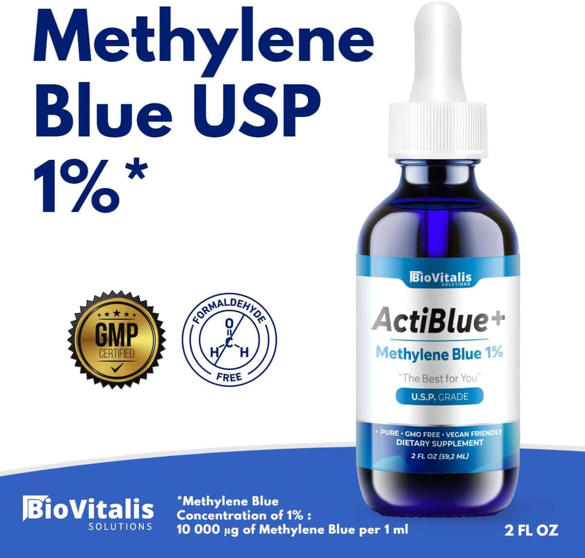 Actiblue+ Methylene Blue 1% – Pharmaceutical Grade, ISO Certified, Third - Party Tested, No Formaldehyde, Alcohol - Free, Gluten - Free, Non - GMO – 2 Fl Oz - Vitamen Store