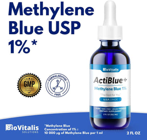 Actiblue+ Methylene Blue 1% – Pharmaceutical Grade, ISO Certified, Third - Party Tested, No Formaldehyde, Alcohol - Free, Gluten - Free, Non - GMO – 2 Fl Oz - Vitamen Store