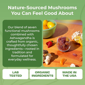 Ashwagandha Gummies and Lions Mane Mushroom Gummies Supplement - Organic - Reishi, Cordyceps, Turkey Tail, Maitake, Shitake, Chaga - Immune Defense, Boosts Cognitive Performance, Vegan, Low Carb - Vitamen Store