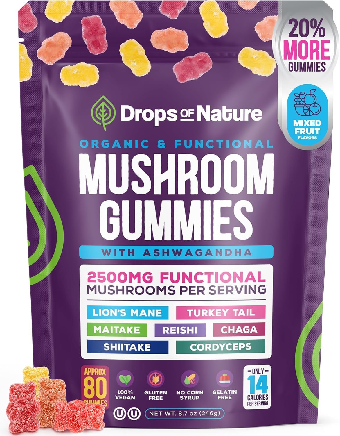 Ashwagandha Gummies and Lions Mane Mushroom Gummies Supplement - Organic - Reishi, Cordyceps, Turkey Tail, Maitake, Shitake, Chaga - Immune Defense, Boosts Cognitive Performance, Vegan, Low Carb - Vitamen Store