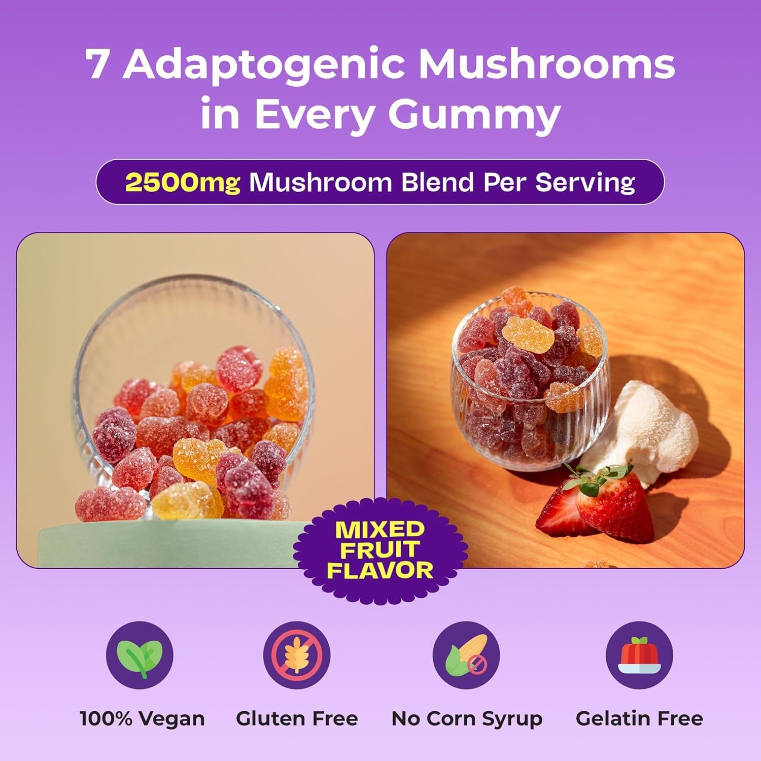Ashwagandha Gummies and Lions Mane Mushroom Gummies Supplement - Organic - Reishi, Cordyceps, Turkey Tail, Maitake, Shitake, Chaga - Immune Defense, Boosts Cognitive Performance, Vegan, Low Carb - Vitamen Store