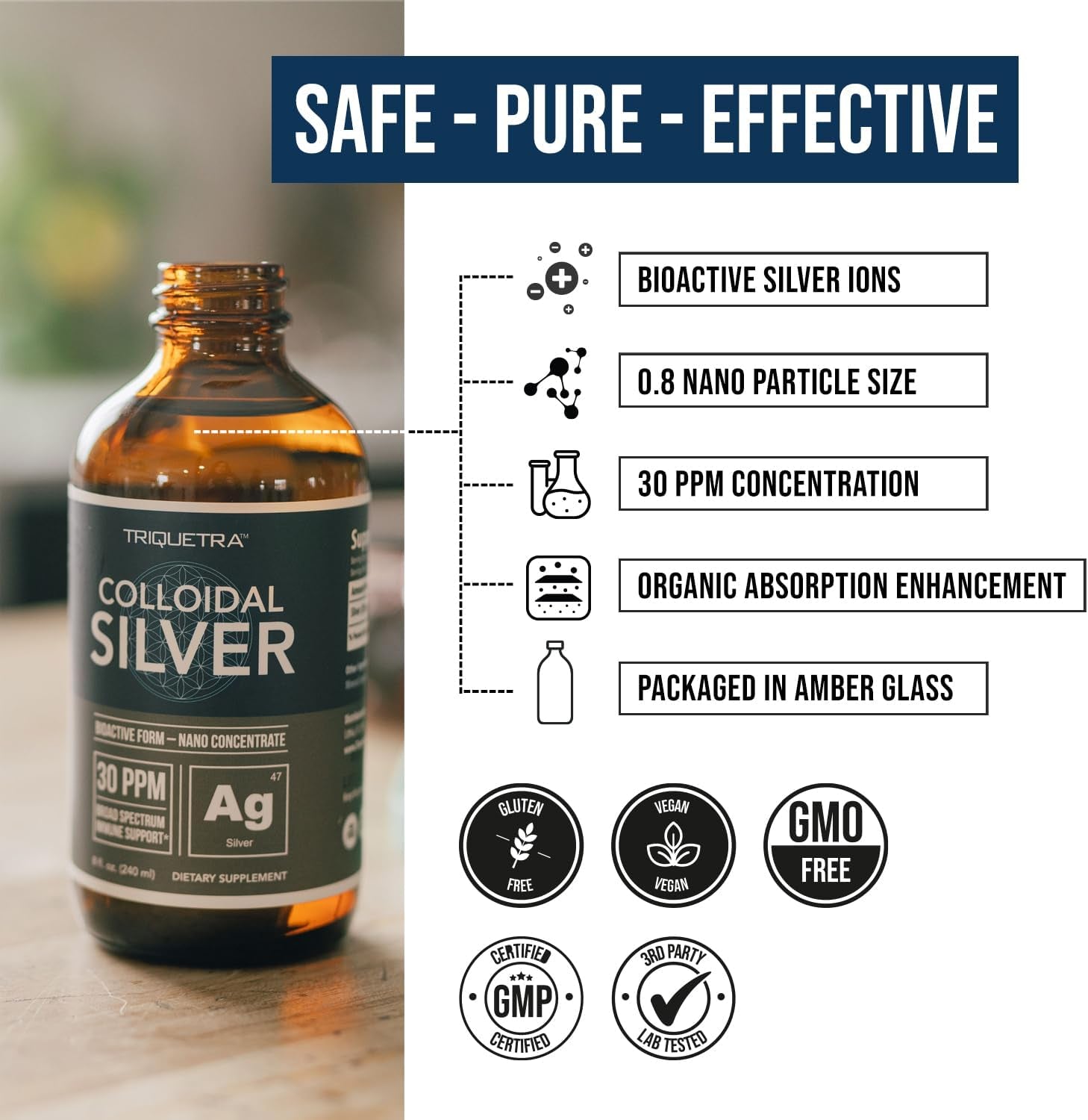 Bioactive Colloidal Silver - 8 Oz, Glass Bottle, Vegan, Safe Doses with Highest Effectiveness - Nano Ions, 30 PPM - Immune Support (48 Servings) - Vitamen Store