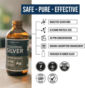 Bioactive Colloidal Silver - 8 Oz, Glass Bottle, Vegan, Safe Doses with Highest Effectiveness - Nano Ions, 30 PPM - Immune Support (48 Servings) - Vitamen Store