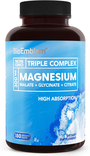 BioEmblem Triple Magnesium Complex – 300 mg Magnesium Glycinate, Malate, and Citrate – 180 Capsules – Vegan, Non - GMO - Vitamen Store