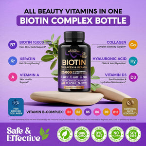 Biotin | Collagen | Keratin - 25000 Mcg Vitamins B2, B3, B6 & B7 + B1 & Hyaluronic Acid - Made in USA - Women & Men | 60 Capsules - Vitamen Store