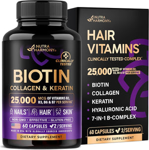 Biotin | Collagen | Keratin - 25000 Mcg Vitamins B2, B3, B6 & B7 + B1 & Hyaluronic Acid - Made in USA - Women & Men | 60 Capsules - Vitamen Store