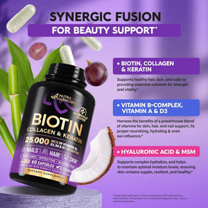 Biotin | Collagen | Keratin - 25000 Mcg Vitamins B2, B3, B6 & B7 + B1 & Hyaluronic Acid - Made in USA - Women & Men | 60 Capsules - Vitamen Store