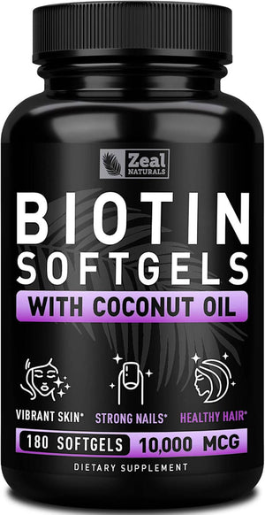 Biotin with Coconut Oil for Hair 10000mcg (180 Softgels) Biotin Supplement - Biotin Pills for Hair Skin and Nails Vitamins for Women Biotin Capsules for Men Hair Growth 6 mo Supply - Vitamen Store