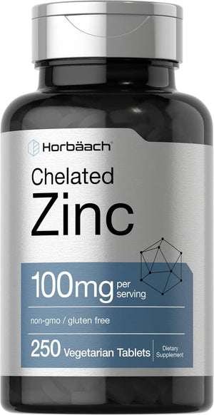 Chelated Zinc Supplement 100mg | 250 Tablets | High Potency & Superior Absorption | Vegetarian, Non - GMO, Gluten Free | by Horbaach - Vitamen Store