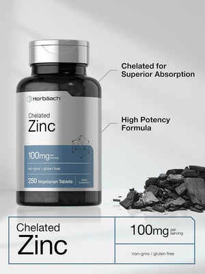 Chelated Zinc Supplement 100mg | 250 Tablets | High Potency & Superior Absorption | Vegetarian, Non - GMO, Gluten Free | by Horbaach - Vitamen Store