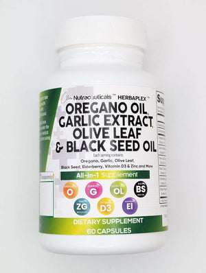 Clean Nutraceuticals Oregano Oil Garlic Extract Olive Leaf Black Seed Oil - Immune Support & Digestive Health Supplement for Women and Men with Vitamin D3 & Zinc - 1Pack - Vitamen Store