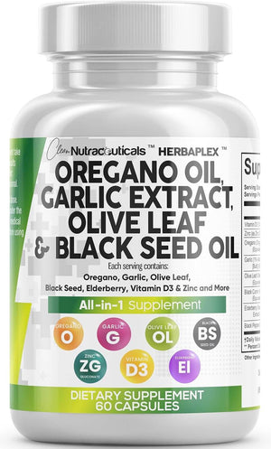 Clean Nutraceuticals Oregano Oil Garlic Extract Olive Leaf Black Seed Oil - Immune Support & Digestive Health Supplement for Women and Men with Vitamin D3 & Zinc - 1Pack - Vitamen Store