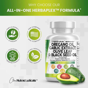 Clean Nutraceuticals Oregano Oil Garlic Extract Olive Leaf Black Seed Oil - Immune Support & Digestive Health Supplement for Women and Men with Vitamin D3 & Zinc - 1Pack - Vitamen Store