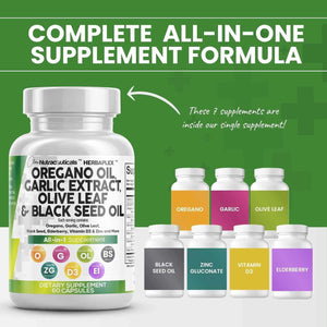 Clean Nutraceuticals Oregano Oil Garlic Extract Olive Leaf Black Seed Oil - Immune Support & Digestive Health Supplement for Women and Men with Vitamin D3 & Zinc - 1Pack - Vitamen Store