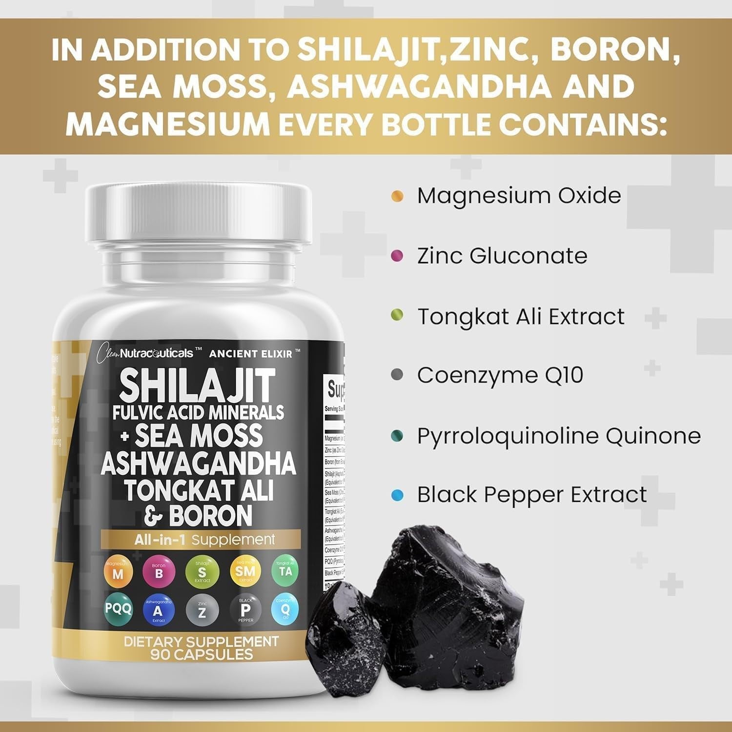 Clean Nutraceuticals Shilajit Supplement with Sea Moss, Tongkat Ali, Ashwagandha, Boron, Zinc, CoQ10, PQQ – Fulvic Acid Capsules – 90 Count – Resin, Gummy, and Powder Alternative - Vitamen Store