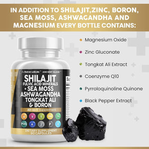 Clean Nutraceuticals Shilajit Supplement with Sea Moss, Tongkat Ali, Ashwagandha, Boron, Zinc, CoQ10, PQQ – Fulvic Acid Capsules – 90 Count – Resin, Gummy, and Powder Alternative - Vitamen Store