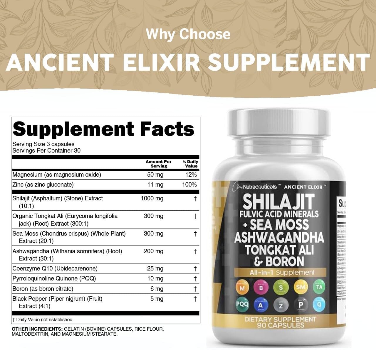 Clean Nutraceuticals Shilajit Supplement with Sea Moss, Tongkat Ali, Ashwagandha, Boron, Zinc, CoQ10, PQQ – Fulvic Acid Capsules – 90 Count – Resin, Gummy, and Powder Alternative - Vitamen Store