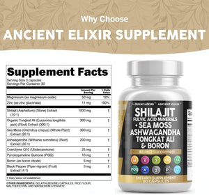 Clean Nutraceuticals Shilajit Supplement with Sea Moss, Tongkat Ali, Ashwagandha, Boron, Zinc, CoQ10, PQQ – Fulvic Acid Capsules – 90 Count – Resin, Gummy, and Powder Alternative - Vitamen Store