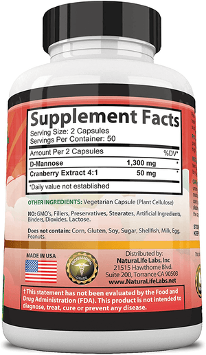D - Mannose 1,300 mg with Cranberry Extract 100 Veggie Capsules - Vitamen Store
