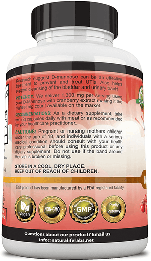 D - Mannose 1,300 mg with Cranberry Extract 100 Veggie Capsules - Vitamen Store