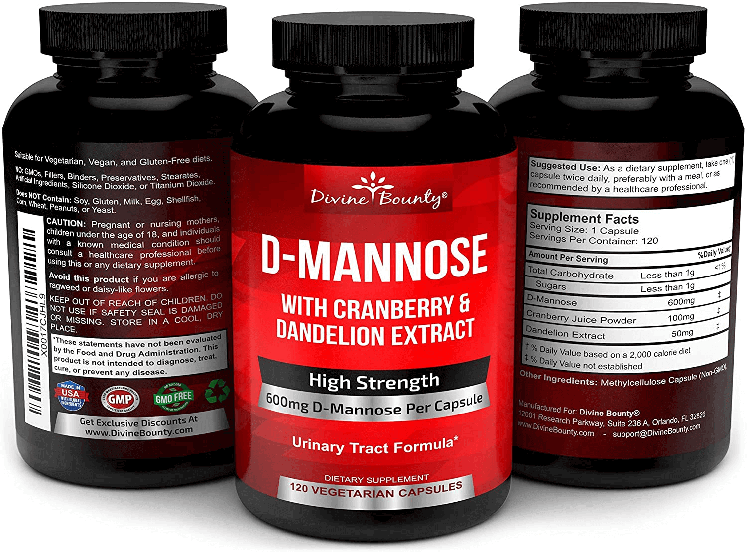 D - Mannose Capsules - 600mg D Mannose Powder per Capsule with Cranberry and Dandelion Extract to Support Normal Urinary Tract Health - 120 Veggie Capsules - Vitamen Store