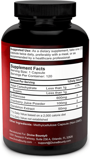 D - Mannose Capsules - 600mg D Mannose Powder per Capsule with Cranberry and Dandelion Extract to Support Normal Urinary Tract Health - 120 Veggie Capsules - Vitamen Store