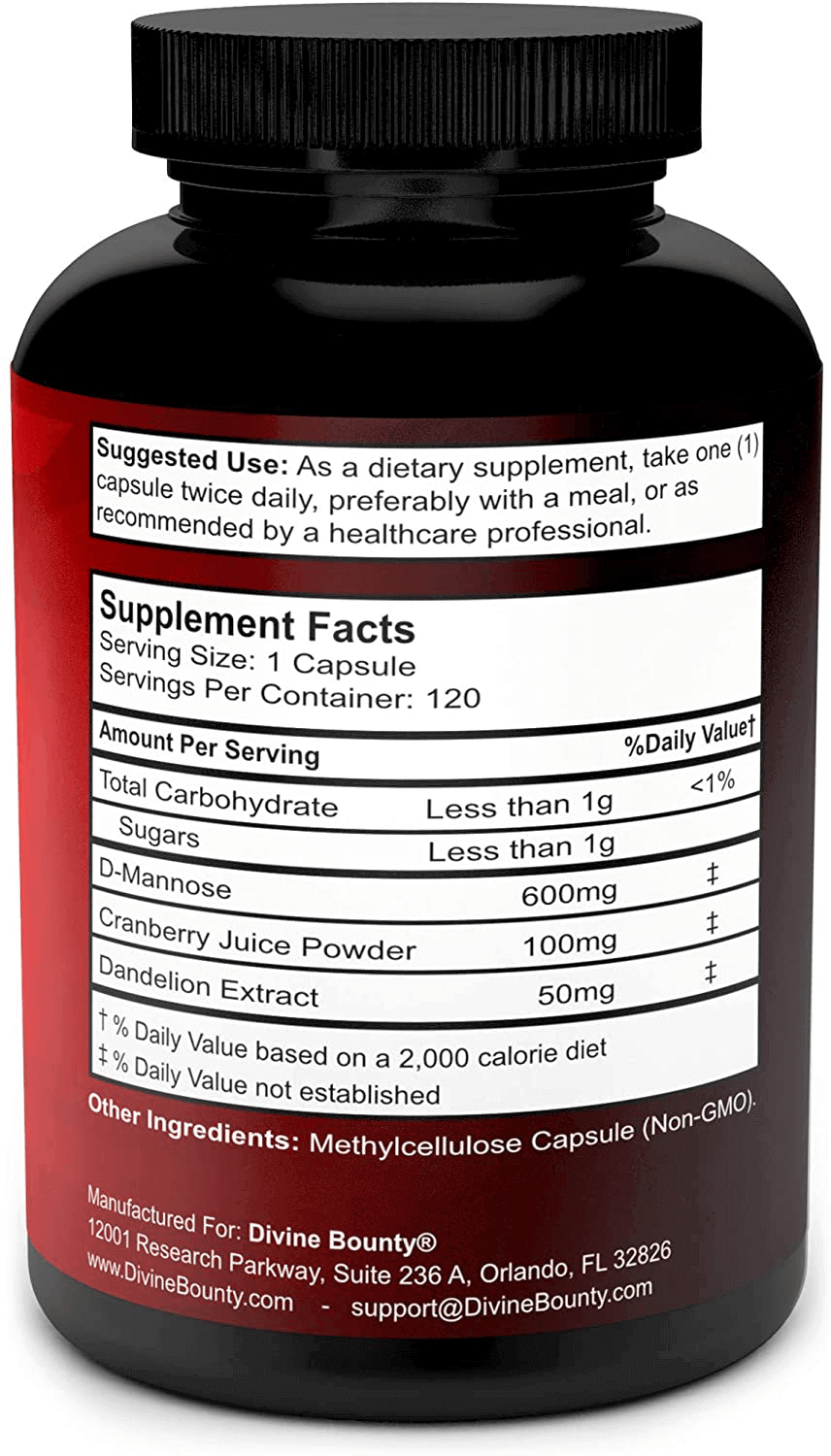 D - Mannose Capsules - 600mg D Mannose Powder per Capsule with Cranberry and Dandelion Extract to Support Normal Urinary Tract Health - 120 Veggie Capsules - Vitamen Store