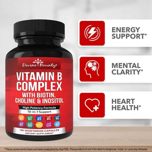 Divine Bounty Super B Complex Vitamins - All B Vitamins Including B12, B1, B2, B3, B5, B6, B7, B9, Folic Acid - Vitamin B Supplement - Support Healthy Energy Metabolism - 180 Vegetarian Capsules - Vitamen Store