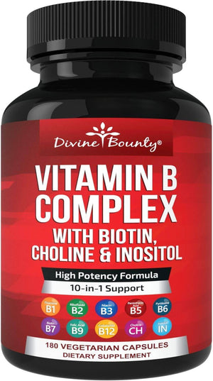 Divine Bounty Super B Complex Vitamins - All B Vitamins Including B12, B1, B2, B3, B5, B6, B7, B9, Folic Acid - Vitamin B Supplement - Support Healthy Energy Metabolism - 180 Vegetarian Capsules - Vitamen Store