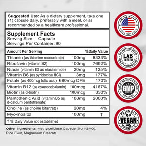 Divine Bounty Super B Complex Vitamins – B12, B1, B2, B3, B5, B6, B7, B9 & Folic Acid – 90 Vegetarian Capsules - Vitamen Store