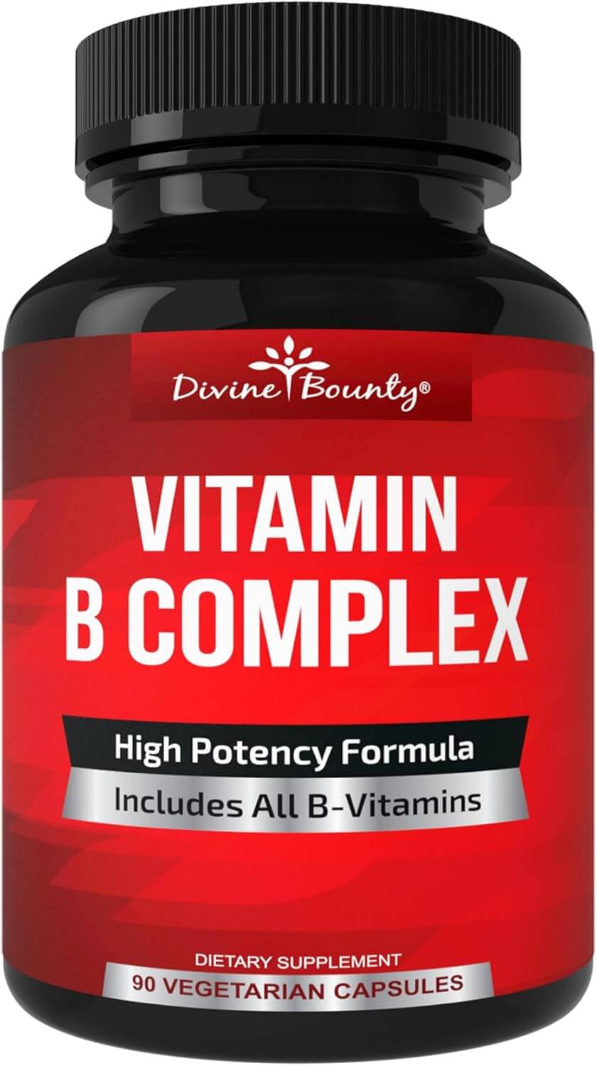 Divine Bounty Super B Complex Vitamins – B12, B1, B2, B3, B5, B6, B7, B9 & Folic Acid – 90 Vegetarian Capsules - Vitamen Store