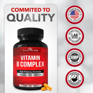 Divine Bounty Super B Complex Vitamins – B12, B1, B2, B3, B5, B6, B7, B9 & Folic Acid – 90 Vegetarian Capsules - Vitamen Store
