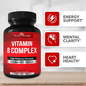 Divine Bounty Super B Complex Vitamins – B12, B1, B2, B3, B5, B6, B7, B9 & Folic Acid – 90 Vegetarian Capsules - Vitamen Store