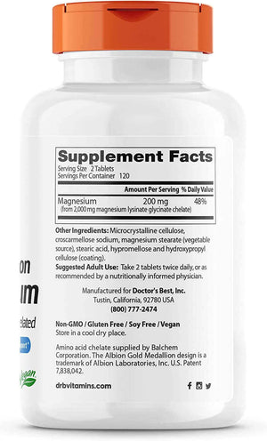 Doctor'S Best High Absorption Magnesium Glycinate Lysinate, 100% Chelated, Non - Gmo, Vegan, Gluten & Soy Free, 100 Mg, 240 Count - Vitamen Store