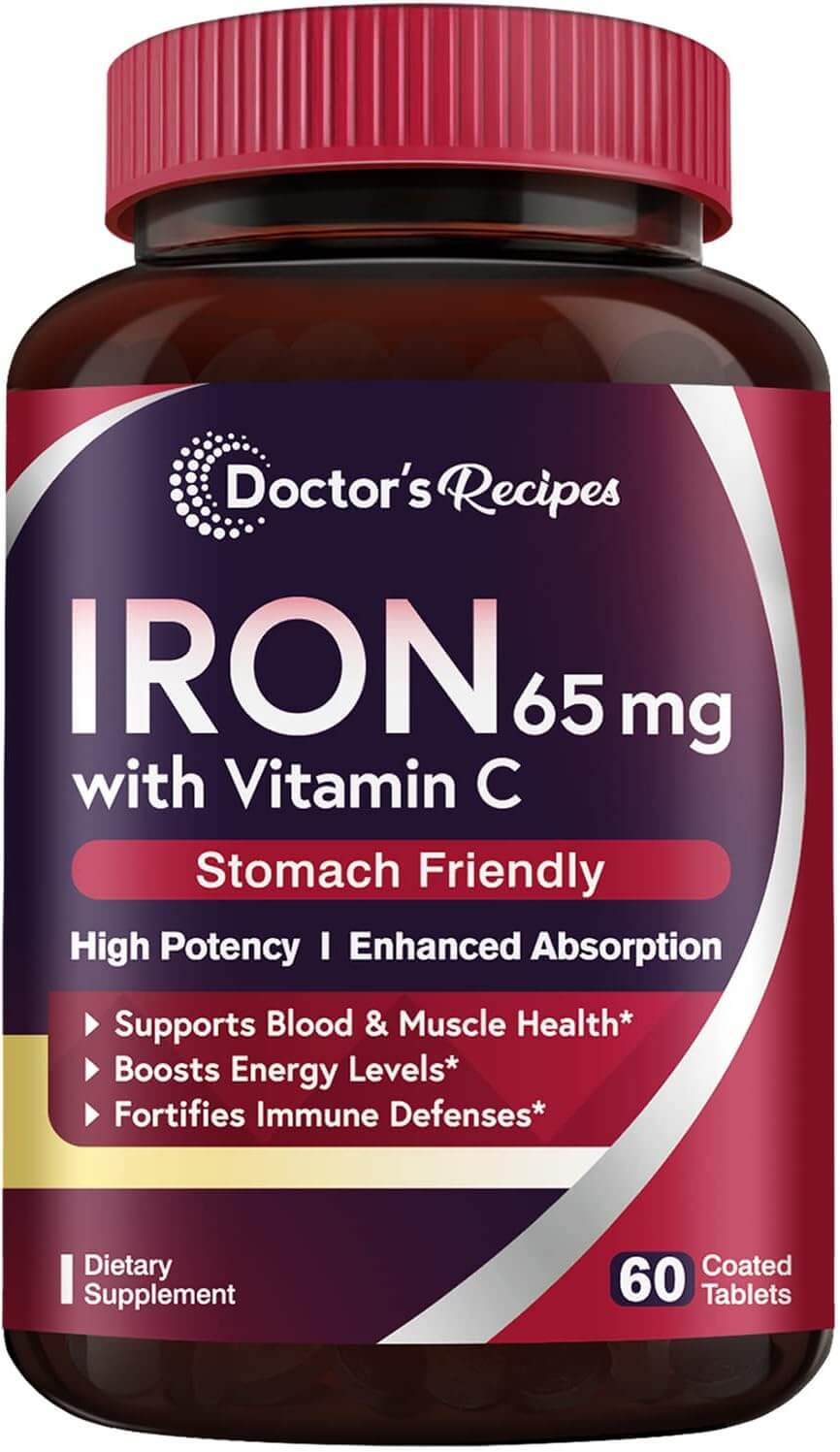 Doctor'S Recipes Iron Supplement 65 Mg with Vitamin C - Maximized Absorption, Stomach Friendly & High Potency Iron Pills for Red Blood Cells Formation & Immunity Health - Vegan Non - Gmo 60 Iron Tablets - Vitamen Store
