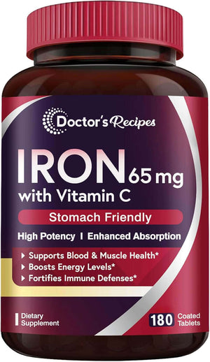 Doctor'S Recipes Iron Supplement 65 Mg with Vitamin C - Maximized Absorption & Stomach Friendly Iron Pills for Red Blood Cells Formation, Heart, Brain & Immunity Health - Vegan Non - Gmo 180 Iron Tabs - Vitamen Store