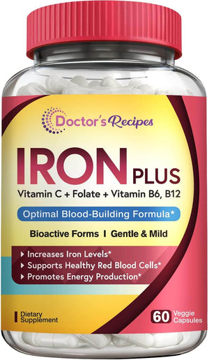 Doctor'S Recipes Iron Supplement, Iron Bisglycinate with Vitamin C, B6, Folate & B12, Non - Constipating, Stomach Friendly, Gentle Iron Pills for Iron Deficiency, Blood & Energy Support, 60 Vegan Caps - Vitamen Store