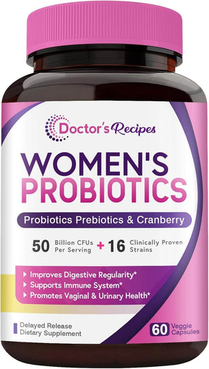 Doctor'S Recipes Women’S Probiotic, 60 Caps 50 Billion CFU 16 Strains, with Organic Cranberry, Digestive Immune Vaginal & Urinary Health, Shelf Stable, Delayed Release, No Soy Gluten Dairy - Vitamen Store